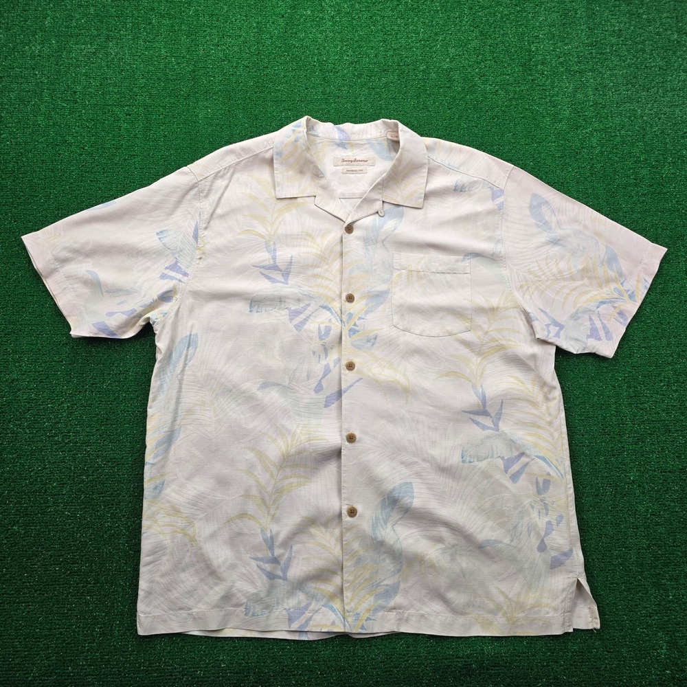 Tommy Bahama Shirt Mens XL Floral Leaf Print 100% Silk Hawaiian Aloha‎ Button Up